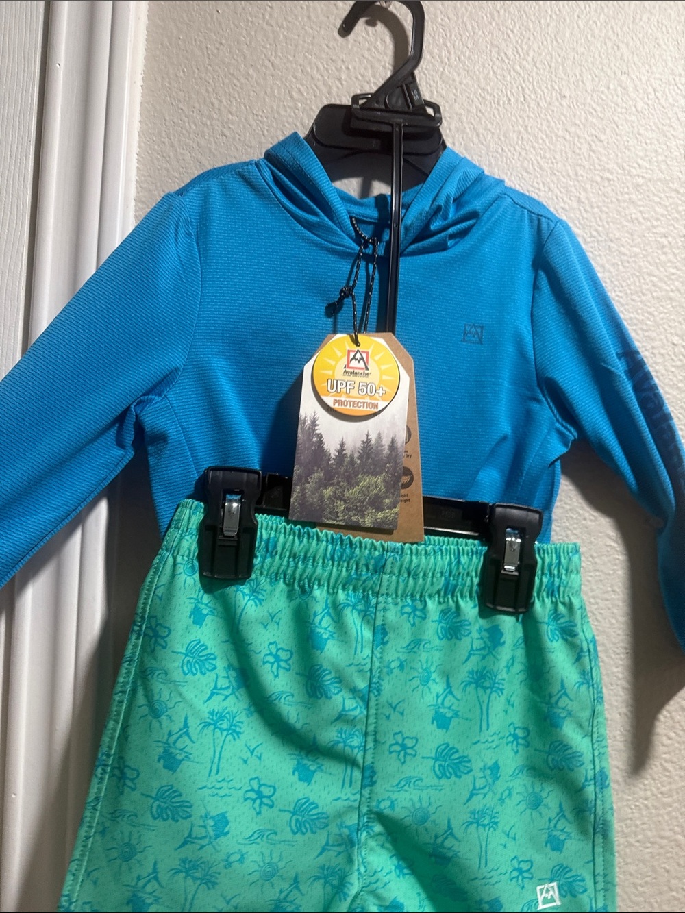 Avalanche Blue Hooded Rashguard with Teal Patterned Swim Shorts